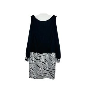 Cache Black Cold Shoulder Sequin Mini Dress Silver Wavy Pattern Party Cocktail‎